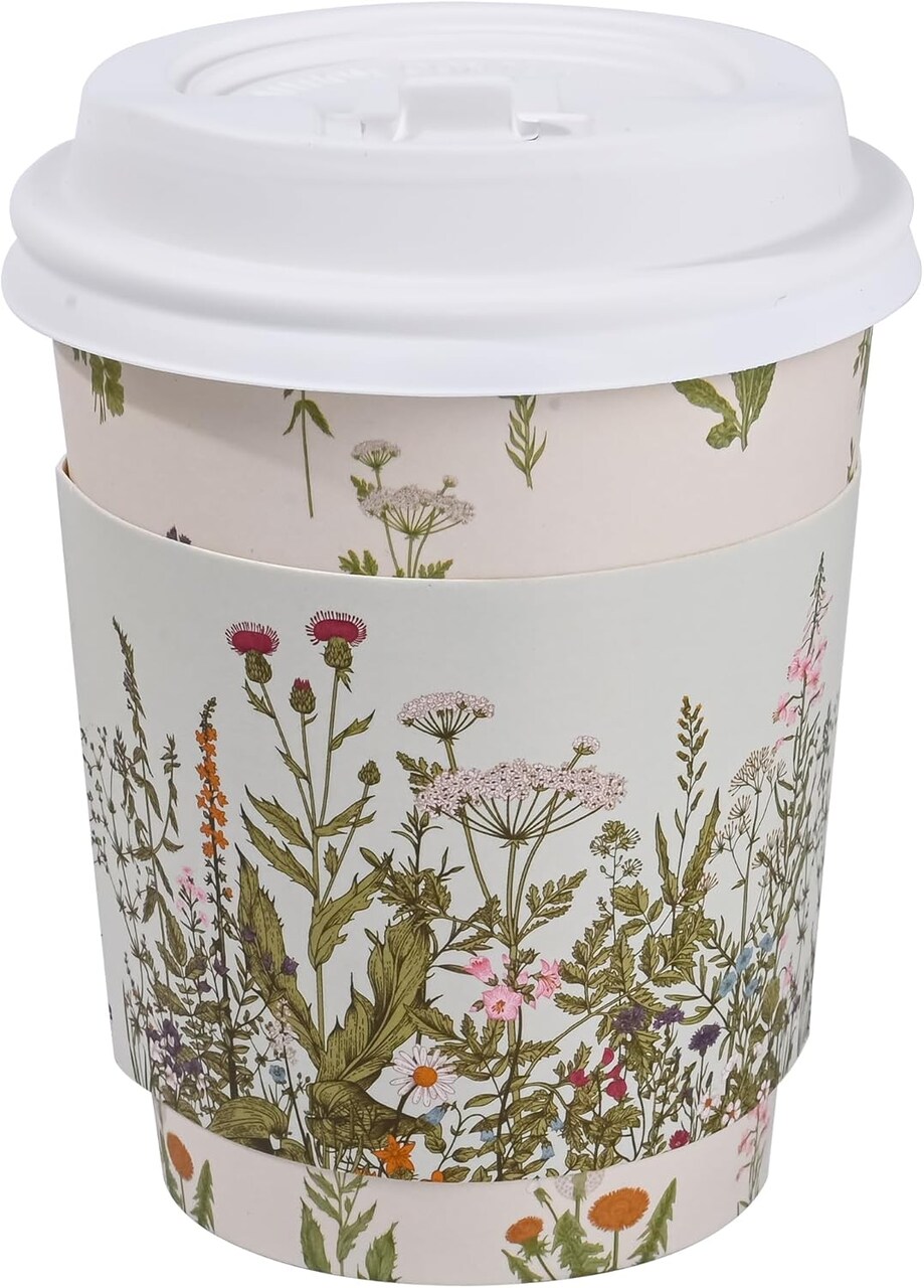 50Pcs Floral Disposable Coffee Cups with Lids and Sleeves Vintage Botanical Herb 8oz To Go Party Paper Drinking Cup for Birthday Weddings Bridal Shower Tea Party Supplies